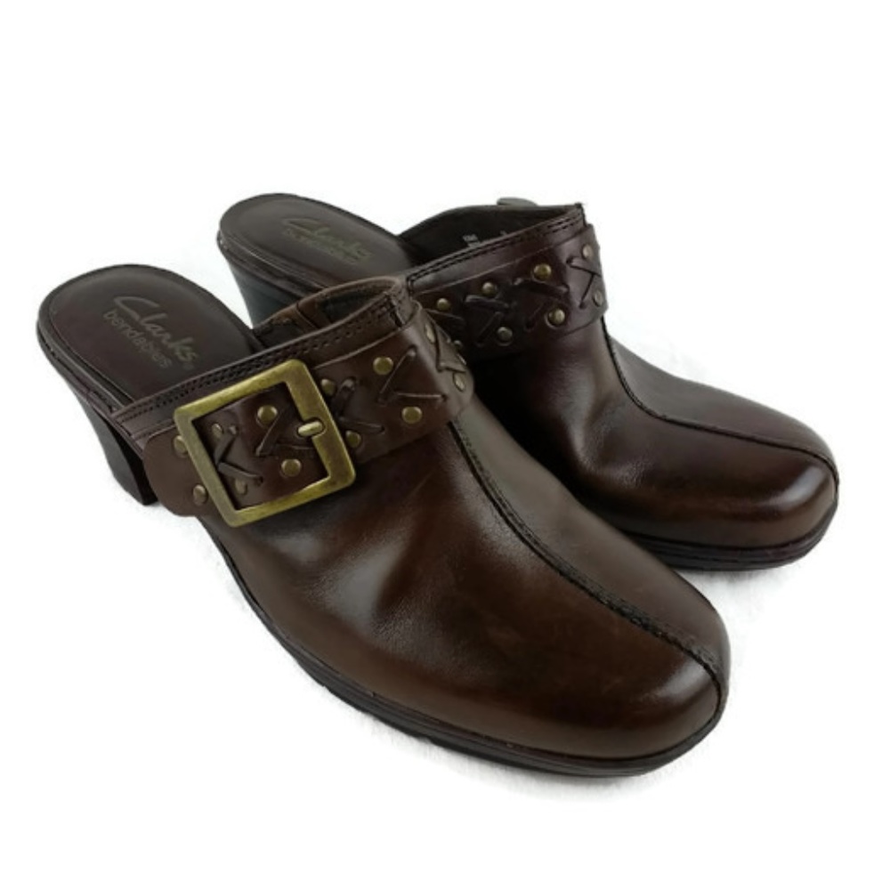 Clarks Bendables Brown Leather Clogs Buckle Size 7
